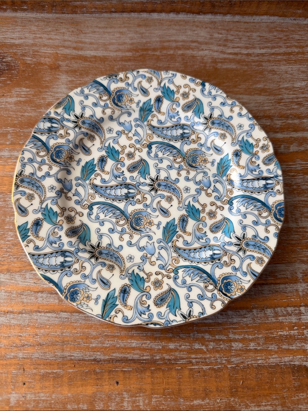 Lefton Blue and Teal Paisley Ceramic Salad Plate with Gold Trim